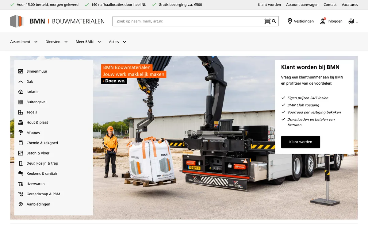 De homepage van bmn.nl: navigatie per productgroep, zoekbalk en het blok om klant te worden