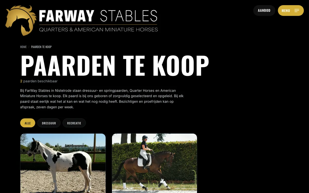 De aanbodpagina van farway-stables.nl: paarden te koop, met filters per discipline en grote foto's per paard
